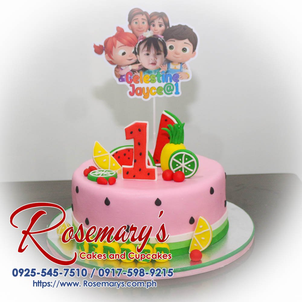1 Layer Cocomelon Themed Cake for Celestine Joyce’s 1st Birthday Delicious 1 layer Cocomelon themed cake with pink frosting and fresh fruits, perfect for any celebration. Rosemary's Cakes - 0925-545-7510.