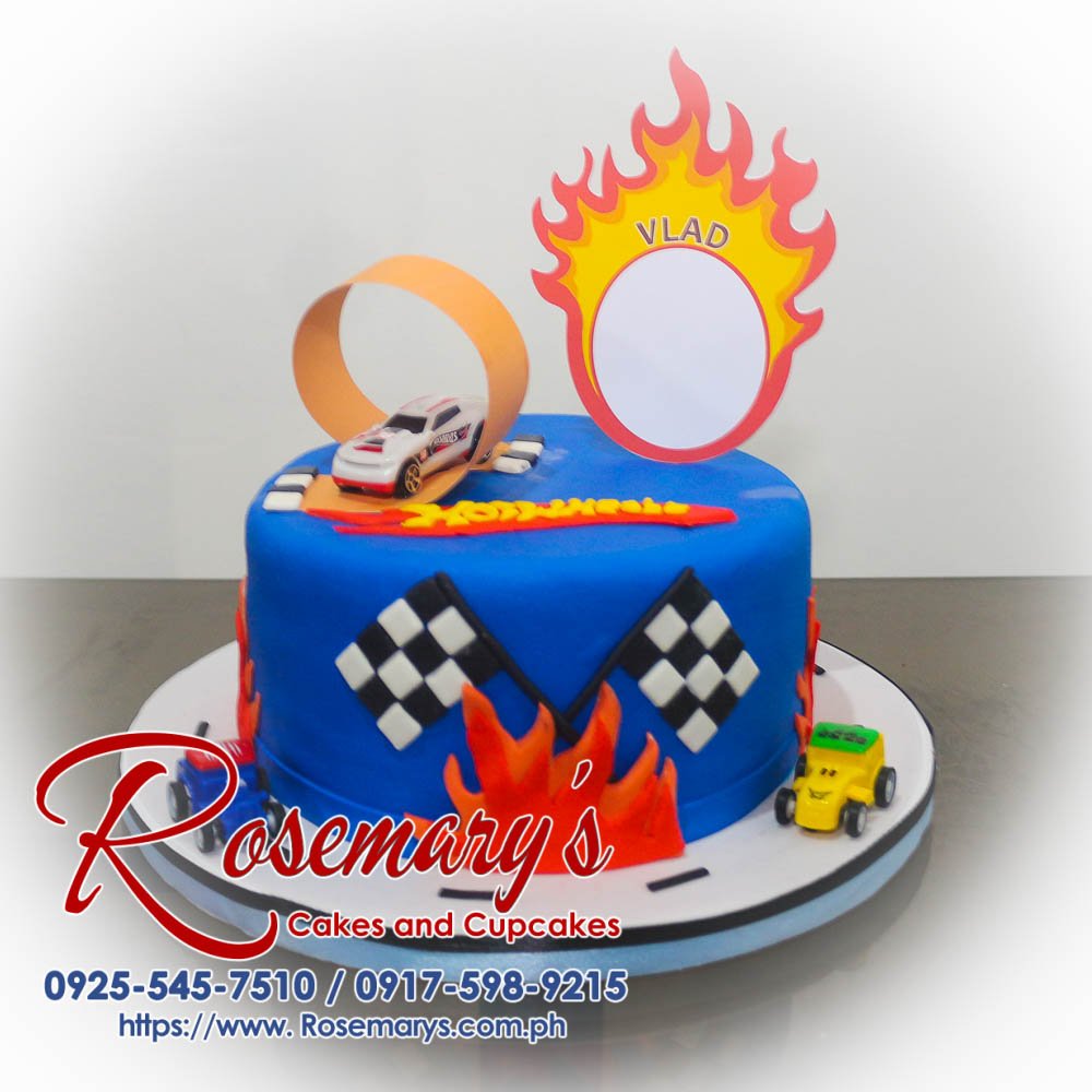 Delicious 1-layer blue Hot Wheels themed cake from Rosemary's Cakes, perfect for exciting celebrations. Contact: 0925-545-7510.