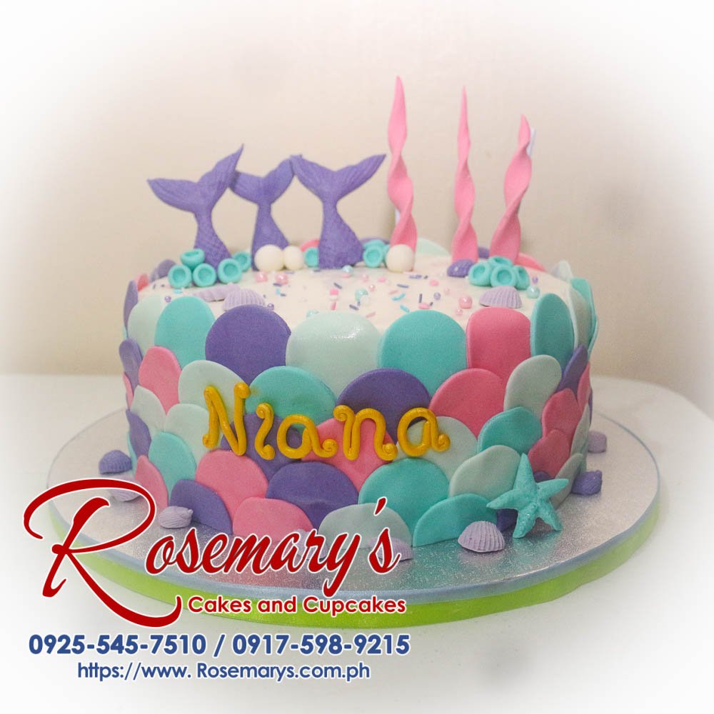1 Layer Mermaid Themed Cake for Niana A delicious 1 layer mermaid themed cake in pastel colors, crafted by Rosemary's Cakes. Contact: 0925-545-7510.