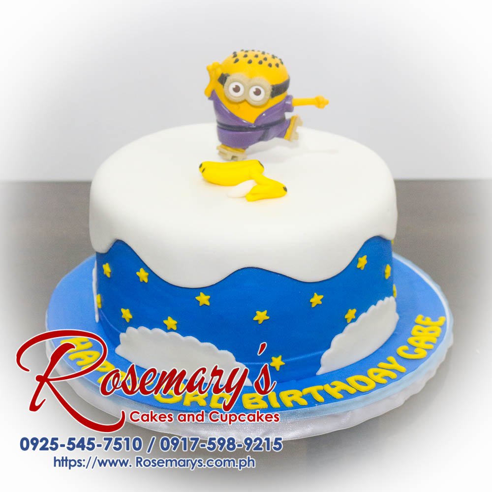 Delicious 1 layer Minions themed cake in blue, perfect for celebrations. Order from Rosemary's Cakes at 0925-545-7510.