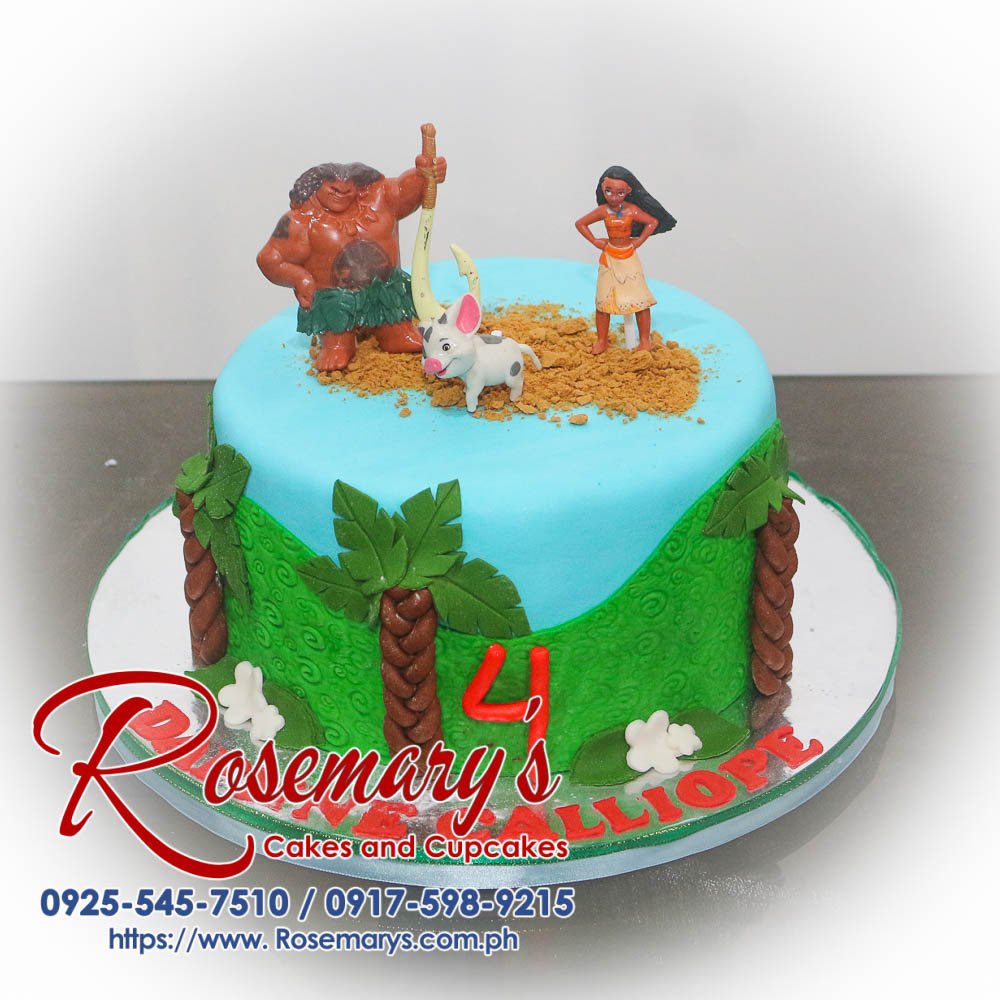 Delicious 1 layer Moana themed cake by Rosemary's Cakes, featuring vibrant blue icing and whimsical decorations. Contact: 0925-545-7510.