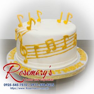 Delicious 1 layer music themed birthday cake adorned with gold accents, perfect for any celebration. Order from Rosemary's Cakes, 0917-598-9215.