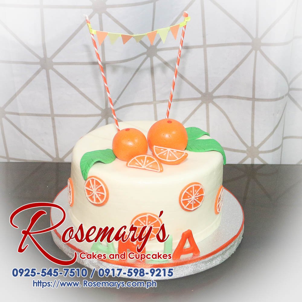 1 Layer Orange Themed Cake for Anja Delicious 1 layer orange themed cake adorned with fresh fruits. Order your yummy cakes at Rosemary's Cakes, 0917-598-9215.