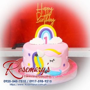 Delicious 1 layer pastel unicorn themed cake by Rosemary's Cakes, featuring vibrant colors and whimsical design. Contact: 0925-545-7510.