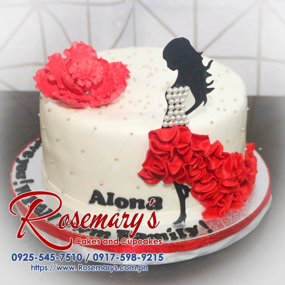 Delicious 1 layer silhouette themed cake in black and red with intricate designs. Order at Rosemary's Cakes, 0925-545-7510.