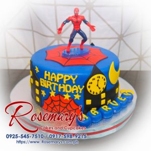 Delicious 1 layer Spiderman themed cake with vibrant blue and red colors, a perfect treat from Rosemary's Cakes. Call 0917-598-9215.