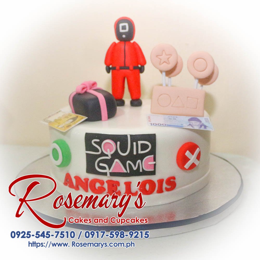 1 Layer Squid Game Themed Cake for Angelois Delicious 1 layer Squid Game themed cake in vibrant red, crafted by Rosemary's Cakes. Contact: 0925-545-7510.