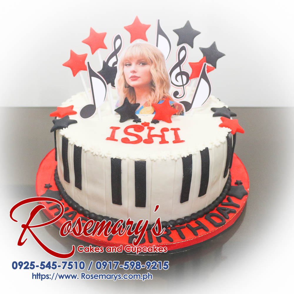 1 Layer Taylor Swift Cake for Ishi Delicious 1-layer Taylor Swift themed cake featuring black and red piano design. Order from Rosemary's Cakes at 0917-598-9215.