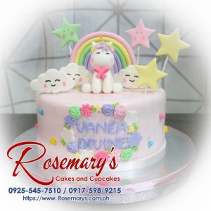 Delicious 1 layer unicorn themed cake with pastel rainbow colors, perfect for any celebration. Order from Rosemary's Cakes: 0917-598-9215.
