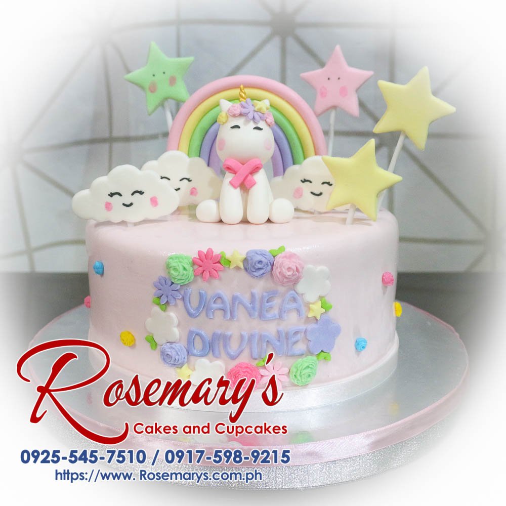1 Layer Unicorn Themed Cake for Vanea Divine Delicious 1 layer unicorn themed cake with pastel rainbow colors, perfect for any celebration. Order from Rosemary's Cakes: 0917-598-9215.