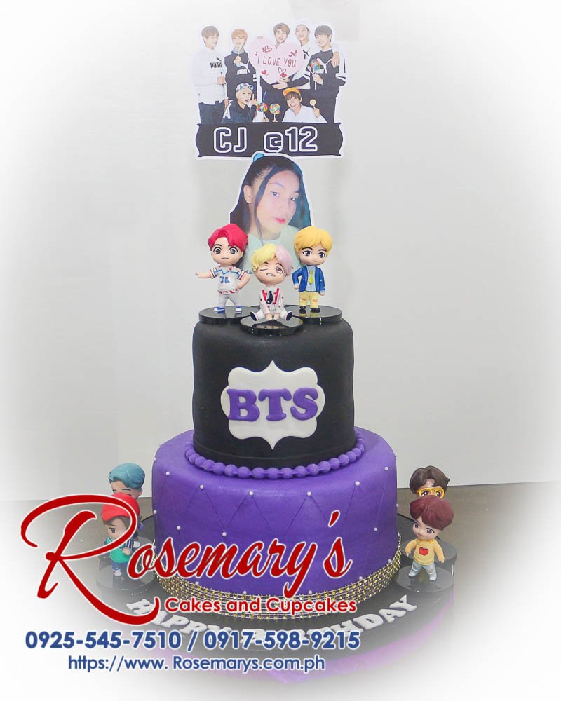 2 Layer BTS Themed Cake for CJ’s 12th Birthday Delicious 2 layer BTS themed cake in black and purple, perfect for any KPop fan. Order from Rosemary's Cakes at 0925-545-7510.