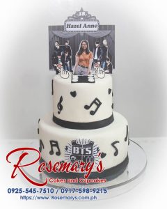 Delicious 2 layer black and white BTS themed cake from Rosemary's Cakes. Contact: 0917-598-9215. Perfect for KPop fans!