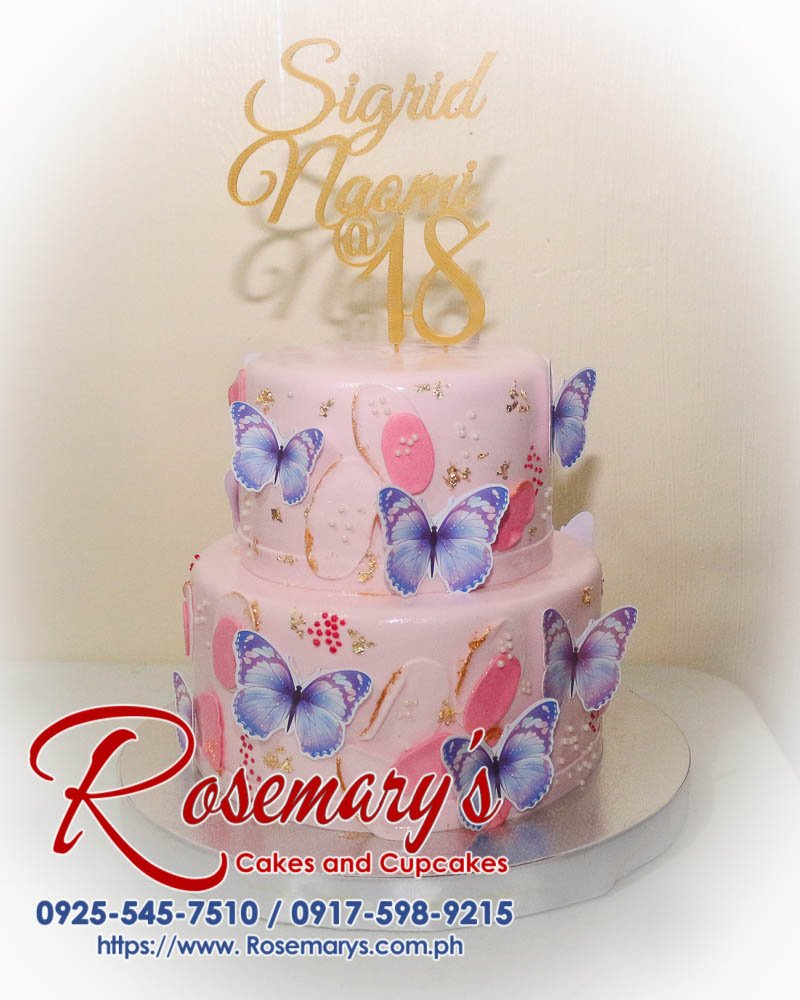 Delicious 2 layer pink butterfly-themed cake with 3D printed decorations. Crafted by Rosemary's Cakes. Contact: 0917-598-9215.
