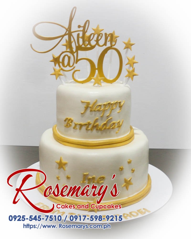2 Layer Cake for Aileen’s 50th Birthday Delicious 2 layer cake with stunning 3D printed gold details, perfect for a themed celebration. Order from Rosemary's Cakes: 0917-598-9215.