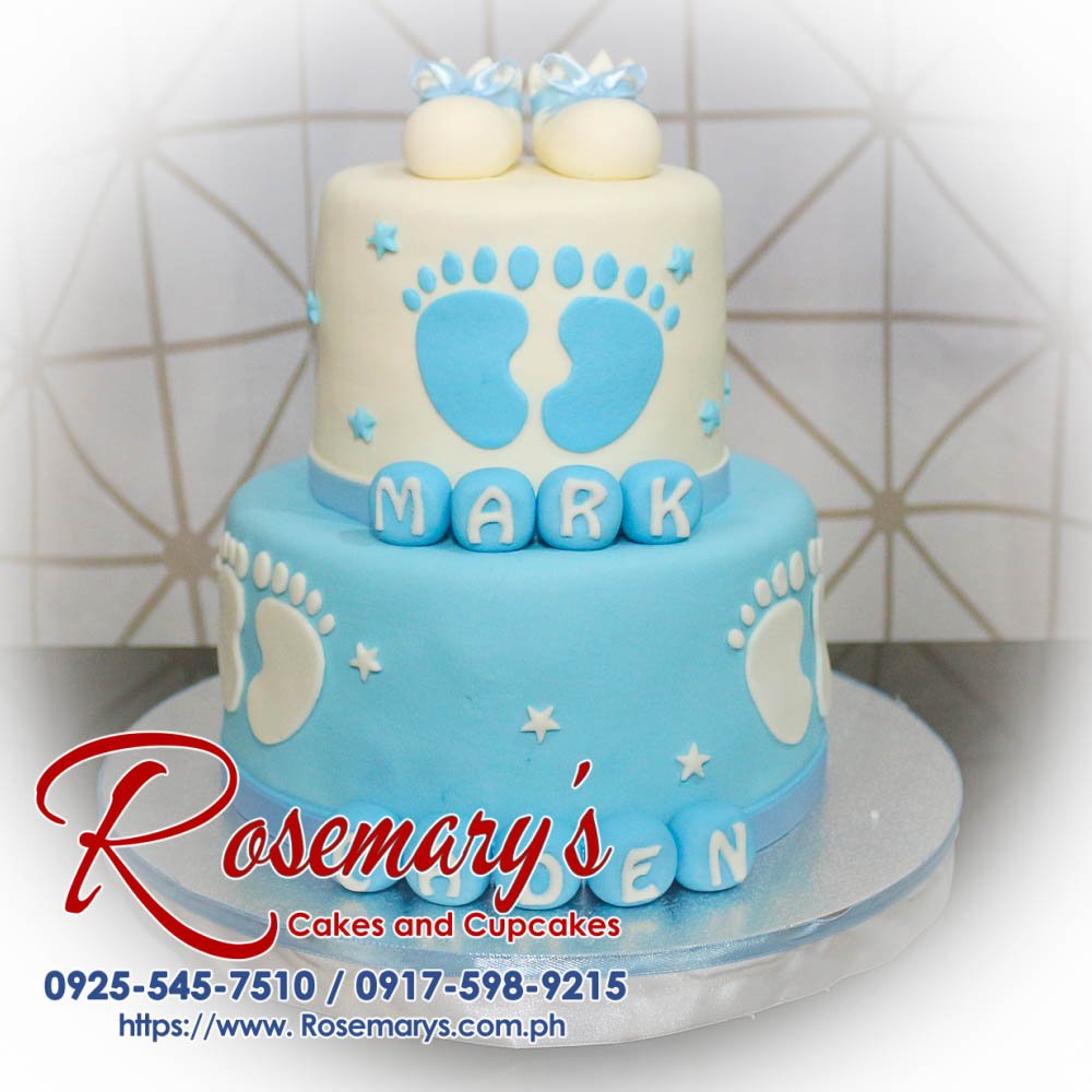 Delicious 2 layer blue themed cake for baptismal celebration, crafted by Rosemary's Cakes. Contact: 0917-598-9215.