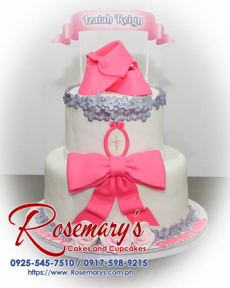Delicious 2 layer pink and silver themed cake for a baptismal celebration by Rosemary's Cakes. Contact: 0917-598-9215.