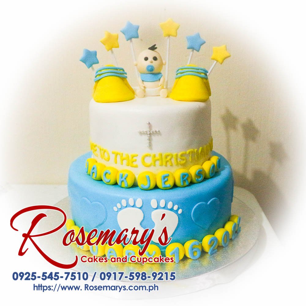 Delicious 2 layer blue and yellow themed cake for christening, crafted by Rosemary's Cakes. Contact: 0925-545-7510.