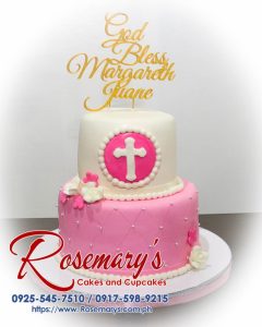 Delicious 2 layer pink and white themed cake with 3D printed designs, perfect for a christening. Rosemary's Cakes, 0925-545-7510.