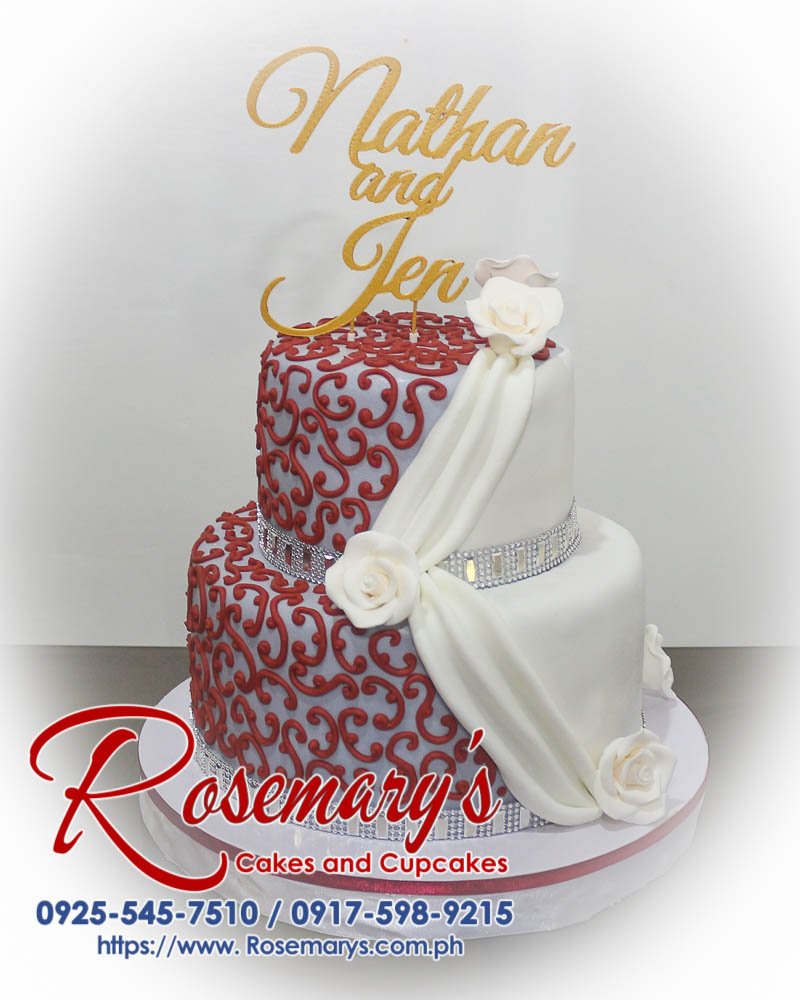 Delicious 2 layer maroon and white themed wedding cake, featuring 3D printed details from Rosemary's Cakes, 0917-598-9215.