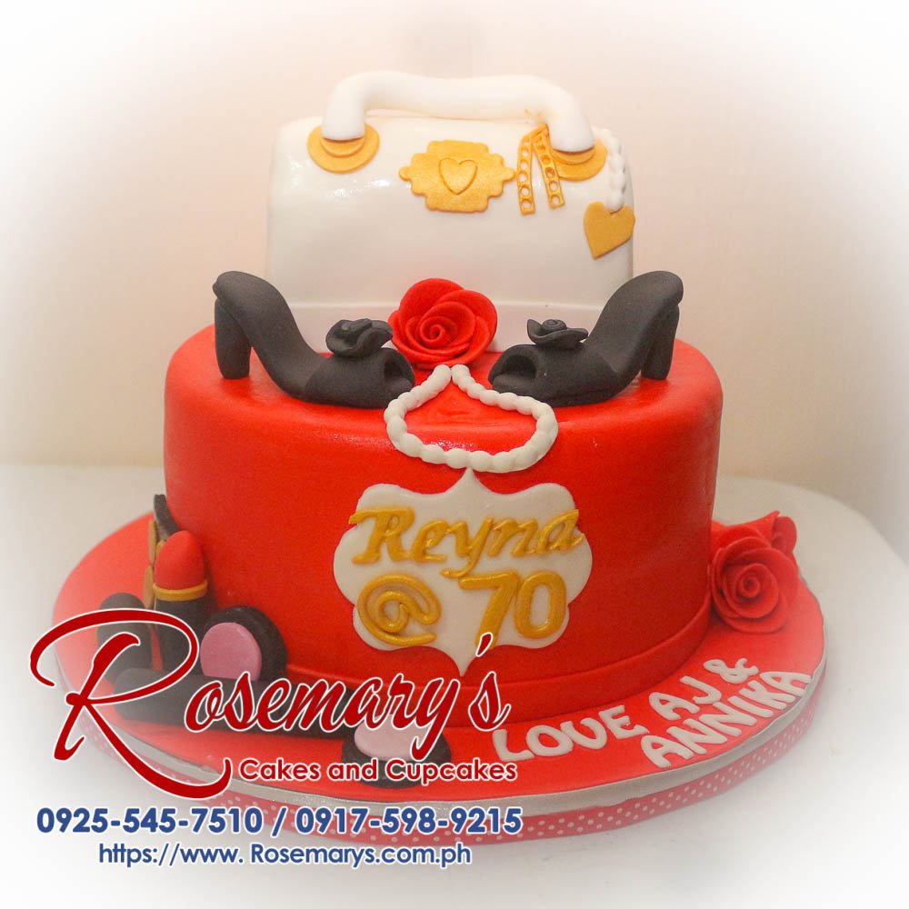 Delicious 2-layer themed cake adorned with elegant jewelry and makeup details, crafted by Rosemary's Cakes. Contact: 0917-598-9215.