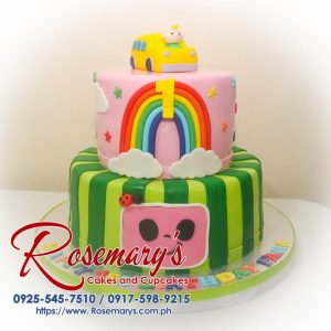 Delicious 2-layer Cocomelon themed cake in pastel green and pink by Rosemary's Cakes. Contact: 0925-545-7510.