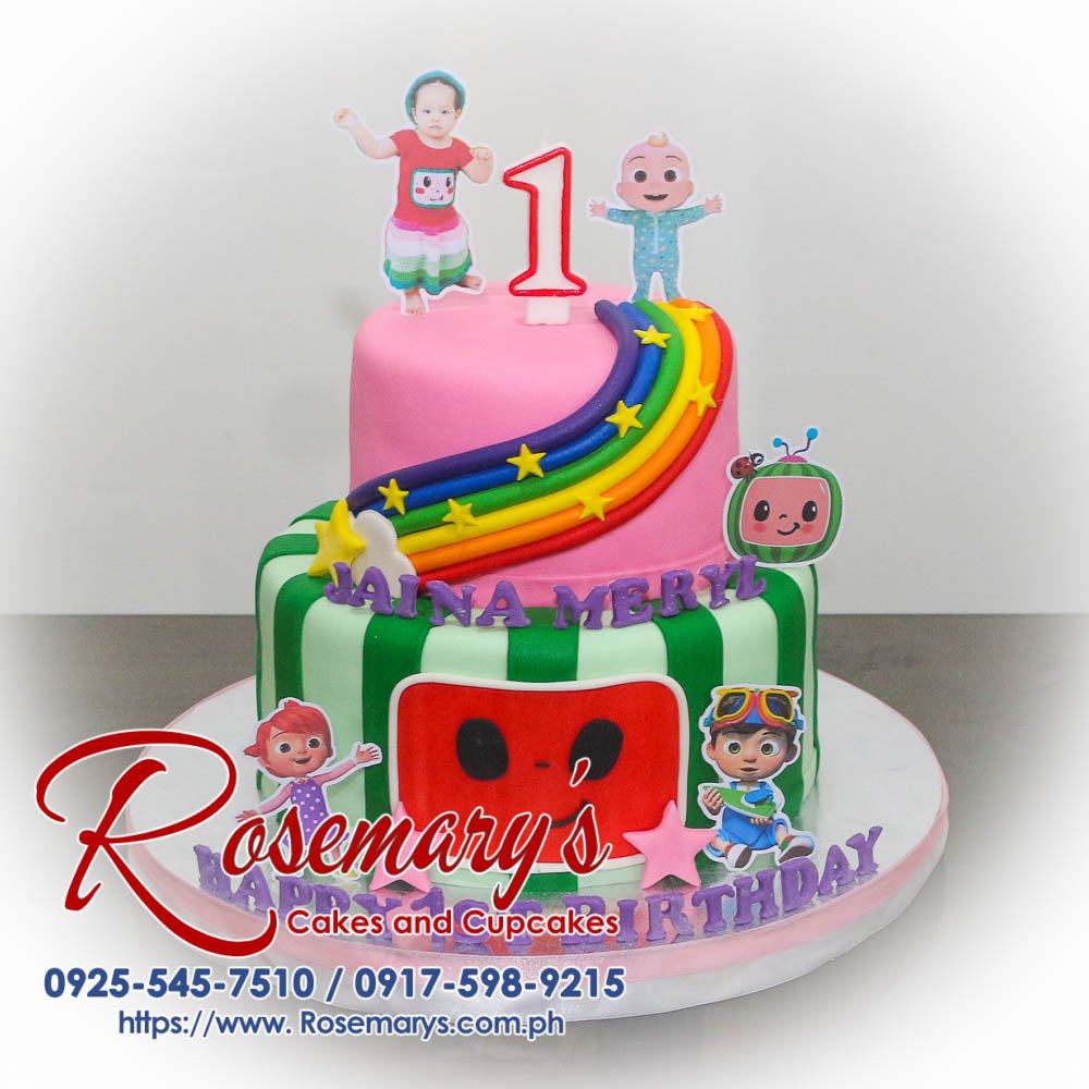 2 Layer Cocomelon Themed Cake for Jaina Meryl’s 2nd Birthday Delicious 2 layer Cocomelon themed cake in green and pink, perfect for birthdays. Order from Rosemary's Cakes: 0925-545-7510.