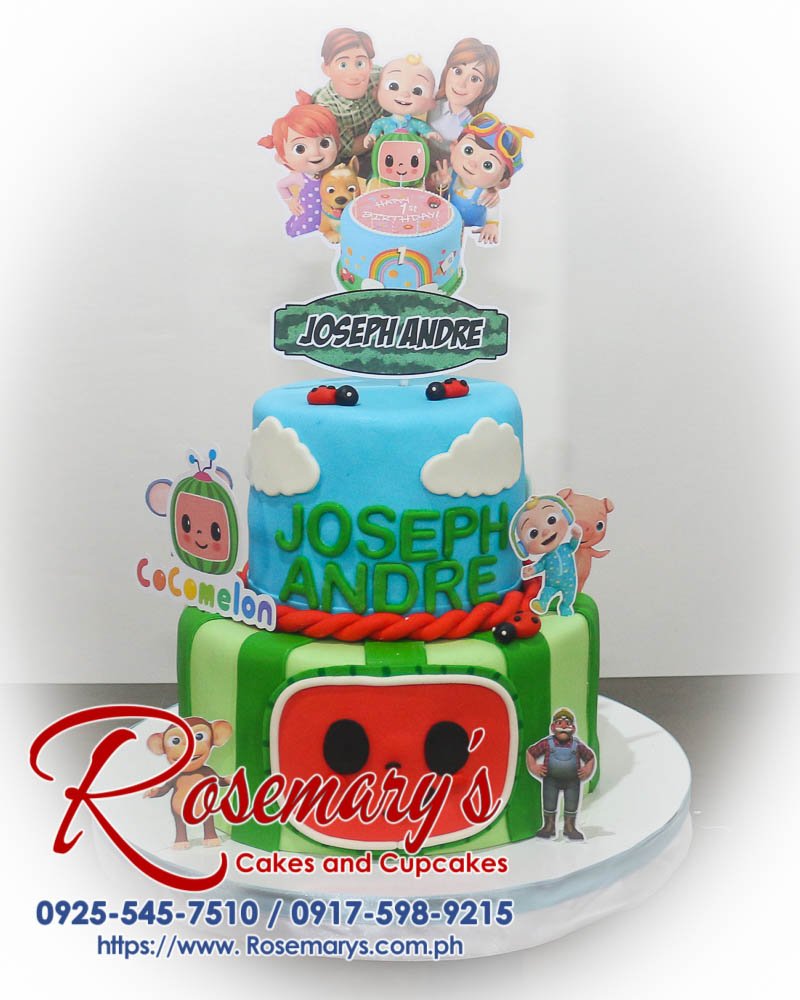 Delicious 2 layer Cocomelon themed cake in blue and green, by Rosemary's Cakes. Contact: 0925-545-7510.
