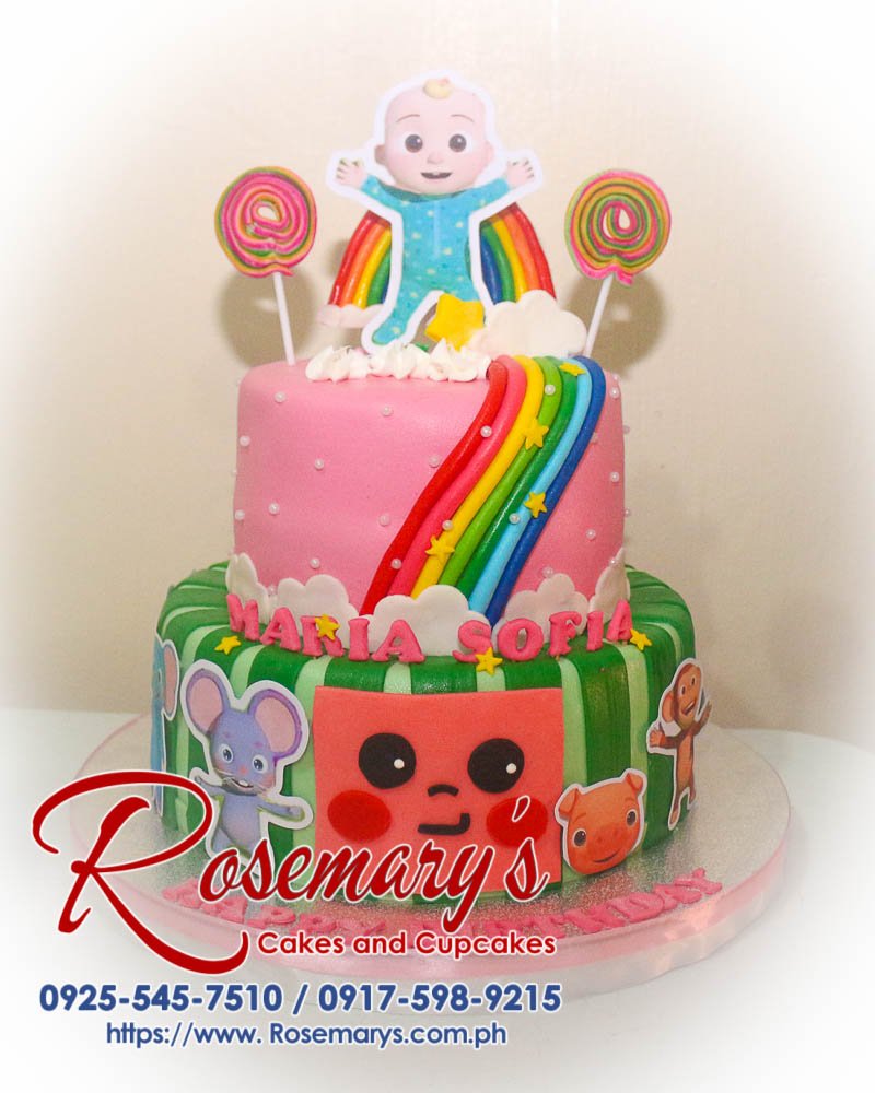 2 Layer Cocomelon Themed Cake for Maria Sofia’s Birthday Delicious 2 layer Cocomelon themed cake in green and pink by Rosemary's Cakes. Contact: 0917-598-9215.