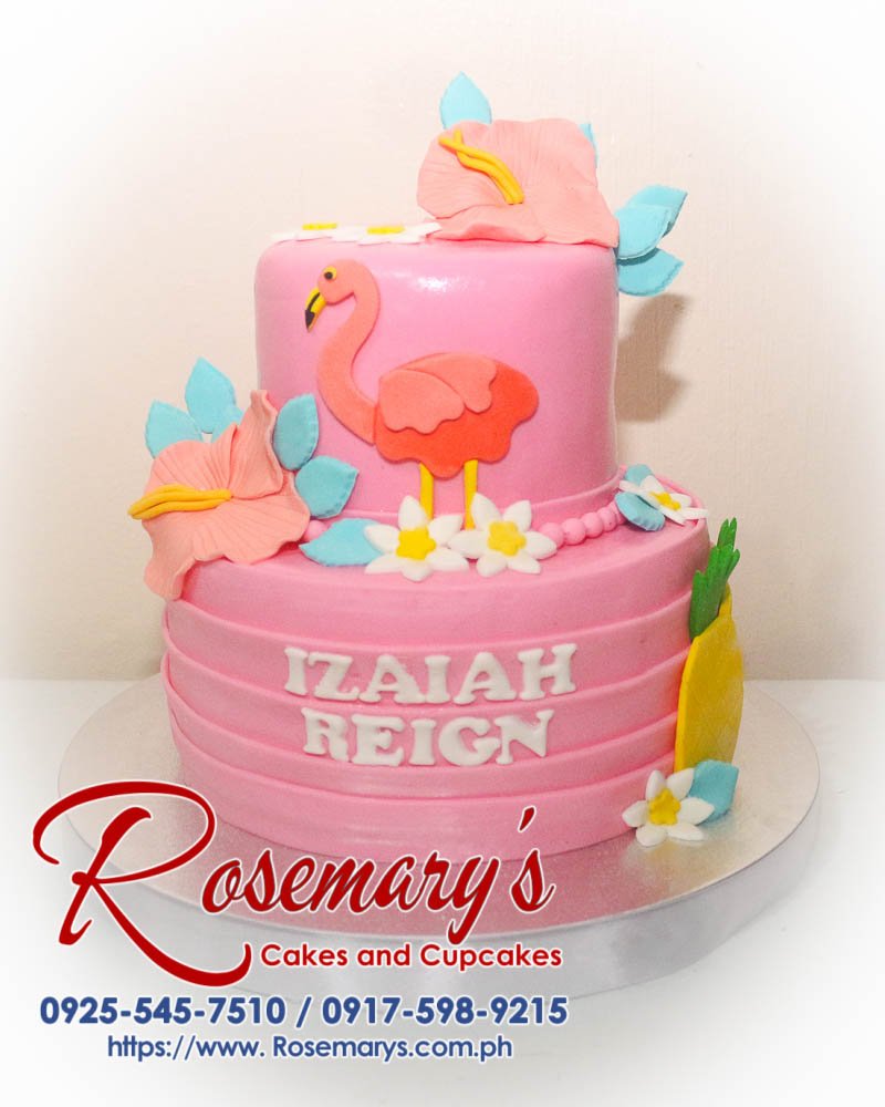 Delicious 2-layer flamingo themed cake by Rosemary's Cakes, featuring vibrant pink colors and whimsical decorations. Contact: 0925-545-7510.