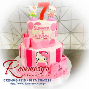 Delicious 2 layer Hello Kitty themed cake by Rosemary's Cakes, featuring pink frosting and vibrant decorations. Contact: 0925-545-7510.
