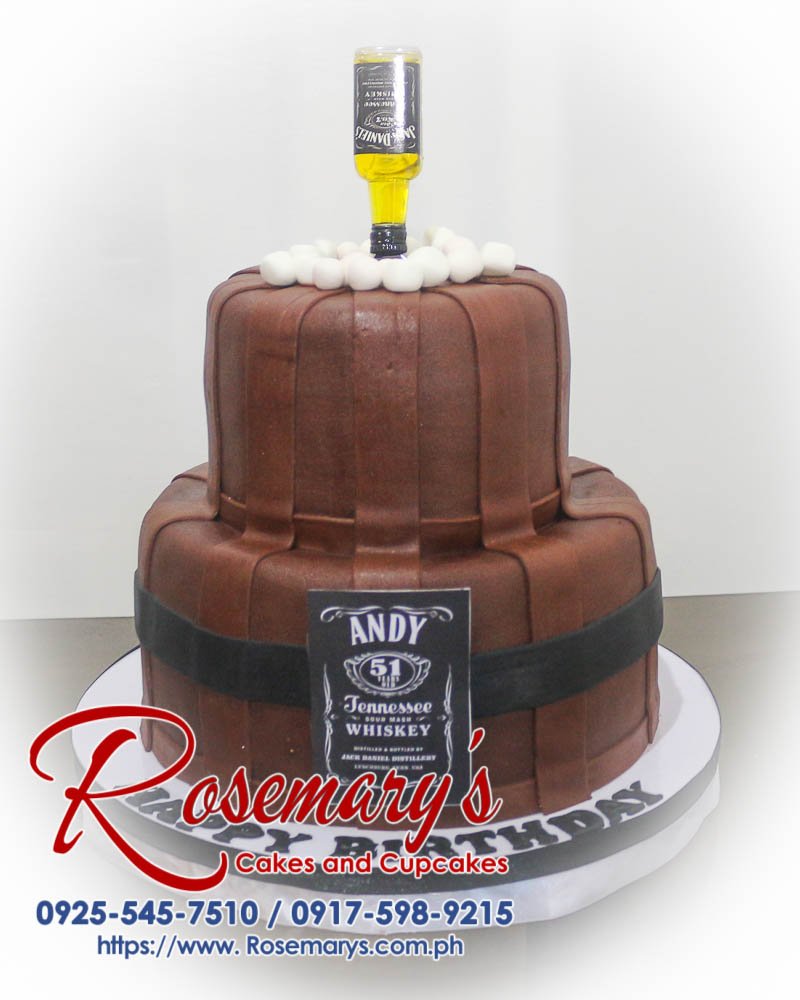 2 Layer Jack Daniel’s Themed Cake for Andy Delicious 2 layer Jack Daniel's themed cake with barrel design, rich brown frosting. Order from Rosemary's Cakes: 0917-598-9215.