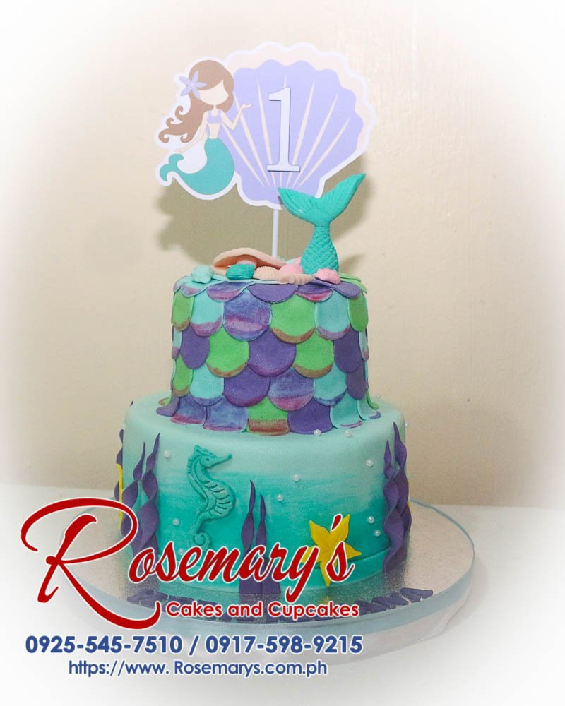 2 Layer Mermaid Cake for Hera Katana Delicious 2 layer mermaid cake in blue and green, beautifully designed by Rosemary's Cakes. Contact: 0925-545-7510.