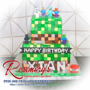 Delicious 2 layer Minecraft themed cake, adorned with green frosting and pixelated décor. Order from Rosemary's Cakes, 0917-598-9215.