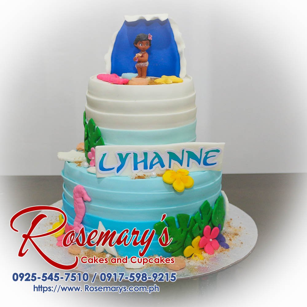 Delicious 2 layer Moana themed cake by Rosemary's Cakes, featuring ombre blue design. Yummy and perfect for any celebration! Contact: 0917-598-9215.