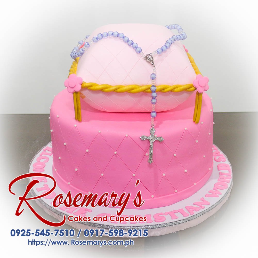 Delicious pink 2 layer pillow cake for a baptismal celebration, beautifully themed by Rosemary's Cakes. Contact: 0917-598-9215.