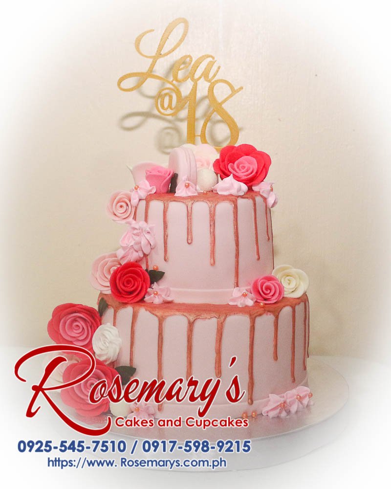 Elegant 2-layer pink rose drip cake by Rosemary's Cakes, featuring intricate 3D printed roses. Contact: 0925-545-7510.