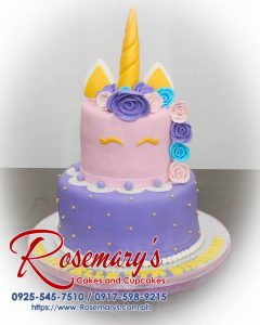 Delicious 2-layer pink and purple unicorn cake with gold accents from Rosemary's Cakes. Contact: 0925-545-7510.