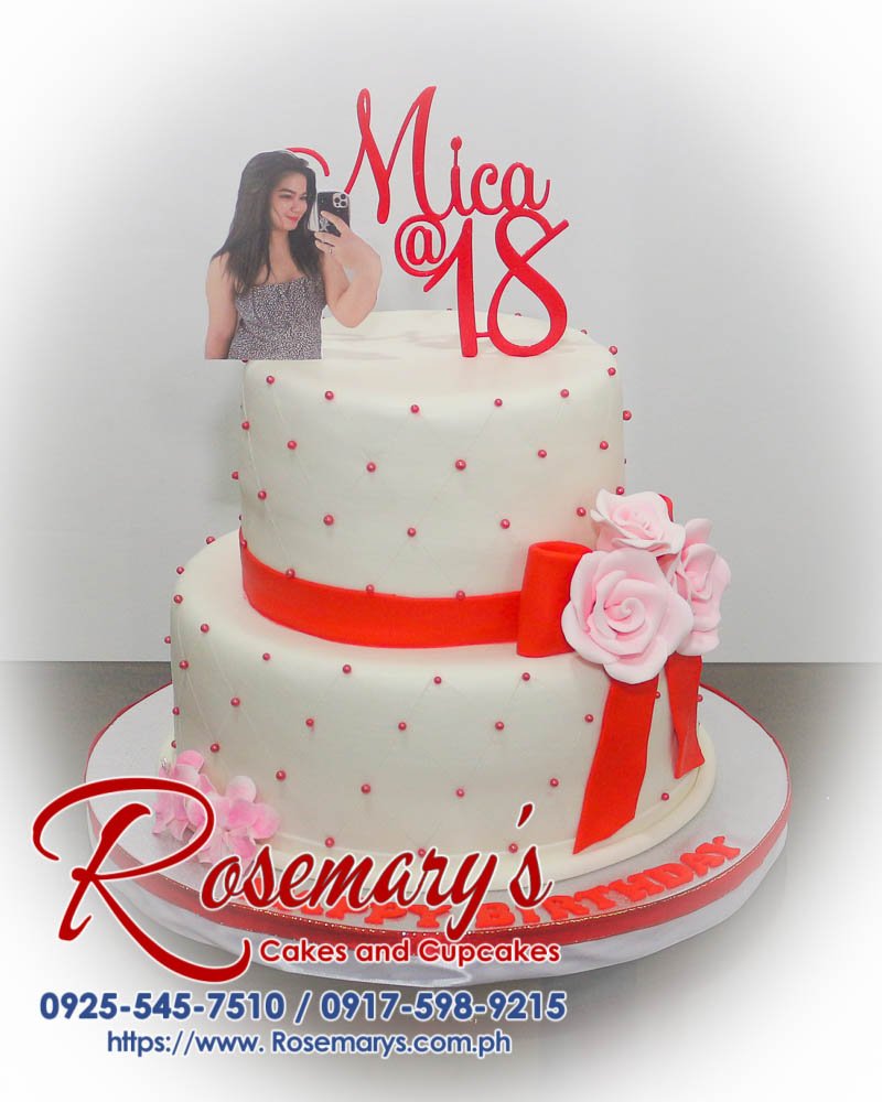2 Layer Red and White Cake for Mica’s 18th Birthday Delicious 2 layer red and white themed cake with intricate 3D printed details. Order from Rosemary's Cakes, 0917-598-9215.