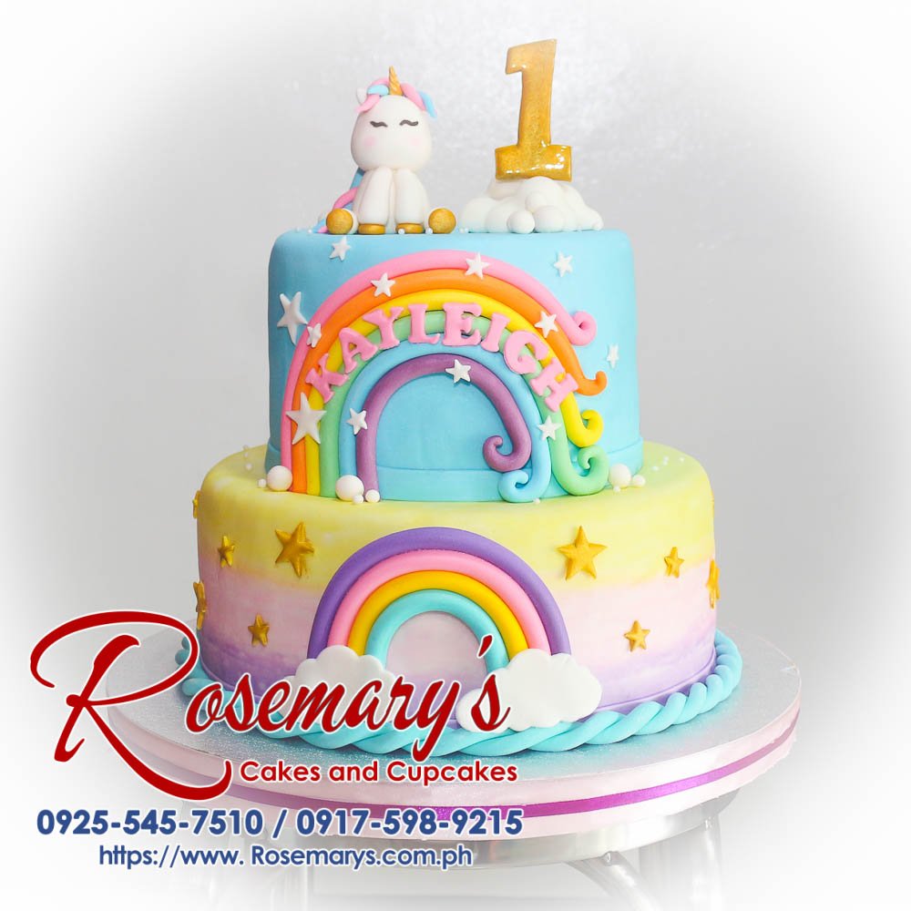 Delicious 2 layer unicorn themed pastel cake with rainbow accents, perfect for any celebration. From Rosemary's Cakes, 0917-598-9215.