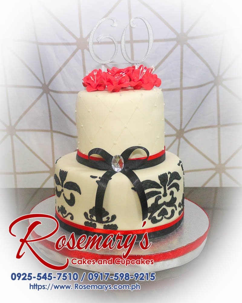2 Layer White, Black and Red Birthday Cake with custom 3D printed topper Stunning 2 layer white, black, and red birthday cake with a custom 3D printed topper. Order from Rosemary's Cakes, 0925-545-7510.