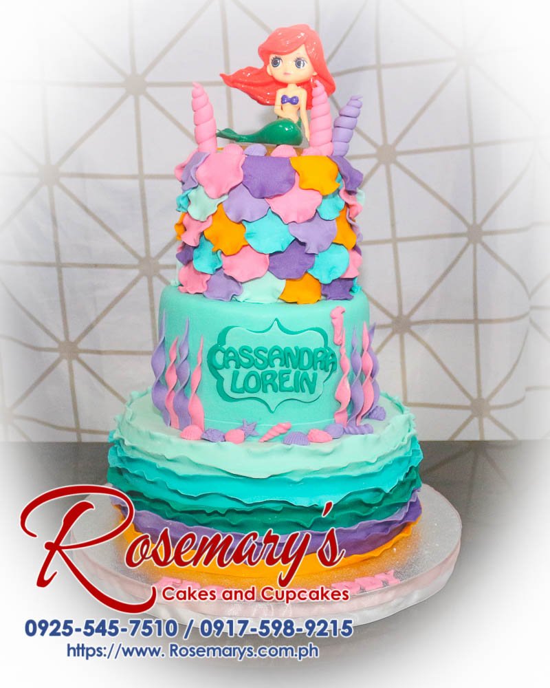 Delicious 3 layer Little Mermaid themed cake in blue, perfect for any celebration. Order from Rosemary's Cakes: 0917-598-9215.