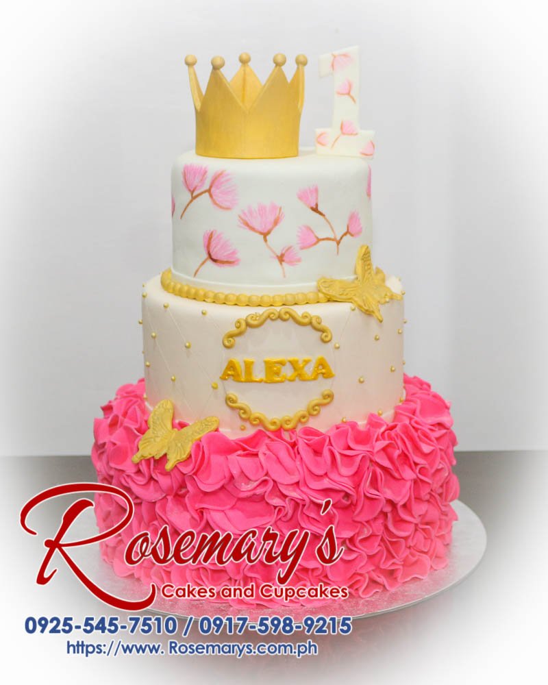 3 Layer Princess Themed Cake for Alexa’s 1st Birthday Delicious 3-layer princess themed cake in pink and gold, perfect for any celebration. Order from Rosemary's Cakes: 0917-598-9215.