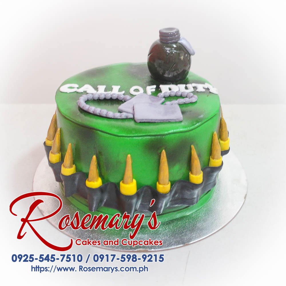 Delicious Call of Duty themed 1 layer cake in green, perfect for gamers. Order now at Rosemary's Cakes: 0917-598-9215.