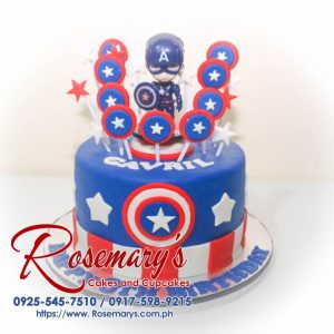 Delicious 1-layer Captain America themed cake from Rosemary's Cakes, featuring blue and red colors, perfect for superhero fans! Contact: 0925-545-7510
