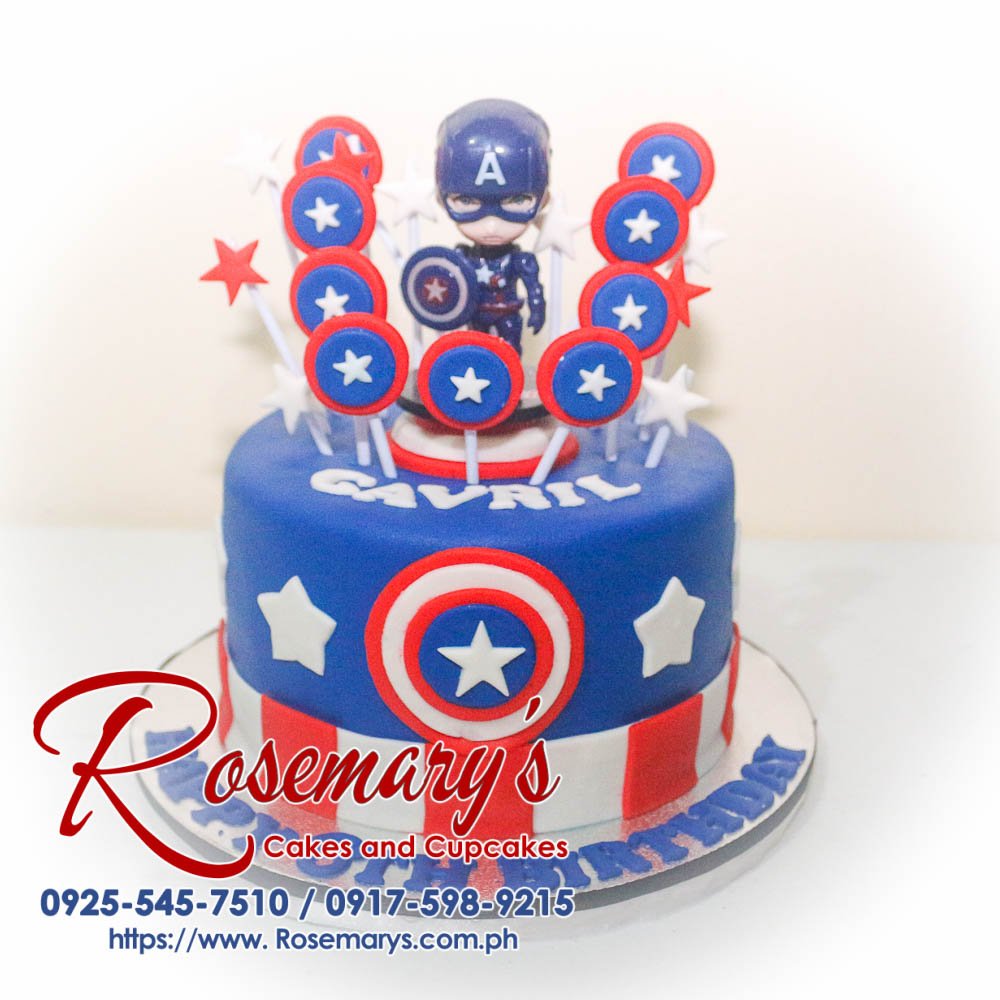 Delicious 1-layer Captain America themed cake from Rosemary's Cakes, featuring blue and red colors, perfect for superhero fans! Contact: 0925-545-7510