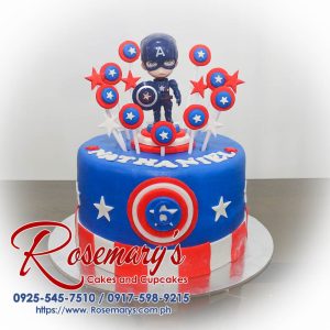 Delicious Captain America themed cake from Rosemary's Cakes, featuring vibrant blue and red layers. Contact 0925-545-7510.