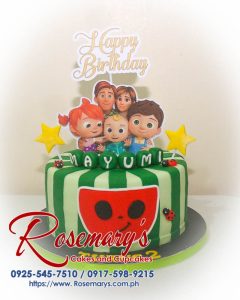 Cocomelon themed 1-layer cake by Rosemary's Cakes, featuring vibrant green details and playful decorations. Contact: 0925-545-7510.