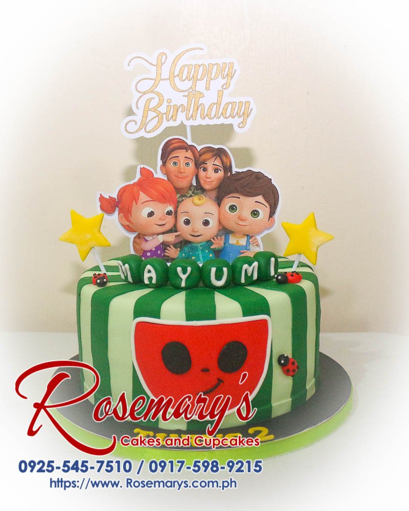 Cocomelon themed 1-layer cake by Rosemary's Cakes, featuring vibrant green details and playful decorations. Contact: 0925-545-7510.