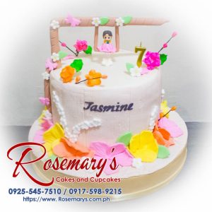 Delicious 1 layer garden-themed cake with pastel florals and a swing. Perfect for any celebration! Rosemary's Cakes, 0925-545-7510.
