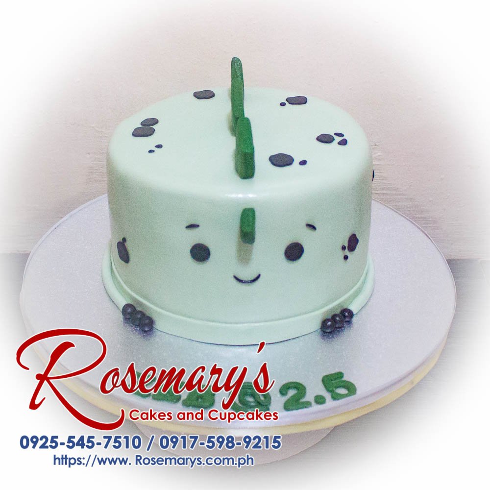 Dinosaur Themed Cake for Zeb’s 2 1-2 Dinosaur themed 1-layer cake in vibrant green, decorated with playful dino designs. Order from Rosemary's Cakes: 0917-598-9215.